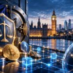 英国の仮想通貨規制を象徴するロンドンの街並みとデジタル資産、金融監督をイメージしたビジュアル