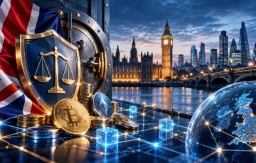 英国の仮想通貨規制を象徴するロンドンの街並みとデジタル資産、金融監督をイメージしたビジュアル