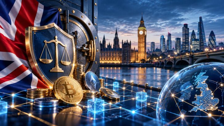 英国の仮想通貨規制を象徴するロンドンの街並みとデジタル資産、金融監督をイメージしたビジュアル