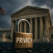 米国最高裁判所の前に置かれた「PRIVACY」と書かれた南京錠とキーボード。デジタル時代のプライバシー保護と司法の関係を象徴。