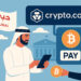 仮想通貨のデジタルコインとドバイ政府庁舎を組み合わせたイメージ。政府サービスにおける仮想通貨導入を象徴するビジュアル。