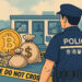 香港警察による仮想通貨マネーロンダリング組織摘発をイメージしたイラスト。都市の金融エリアを背景に、捜査や資金洗浄の緊張感を描写している。