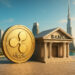 ドバイの都市風景と銀行、そしてリップル（XRP）コインを組み合わせたビジュアル