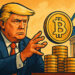 仮想通貨投資を象徴するイラストと資金調達を示すビジュアルに囲まれたドナルド・トランプの描写
