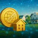 ブロックチェーンと郊外の住宅街を背景に、不動産トークン化を象徴するゴールドコインと家のアイコン