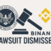 米証券取引委員会（SEC）とバイナンスのロゴ、法廷の木槌を描いた構図。訴訟の取り下げを象徴するビジュアル。