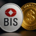 国際決済銀行（BIS）のロゴと金色のデジタルコイン、CBDCとステーブルコインの対比を示す構図の画像