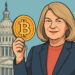 シンシア・ルミス上院議員がビットコインの象徴を掲げるイラスト（米連邦議会を背景に）