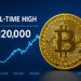 金色のビットコインとデジタル背景が映るビジュアル、史上最高値更新を象徴