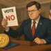 米国議会で仮想通貨法案に反対票を投じる政治家のイラスト、前景にはビットコインのシンボル