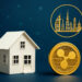 ドバイの不動産トークン化を象徴するイメージ。白い住宅模型とXRPコイン、背景にドバイのスカイラインとブロックチェーンネットワークが描かれている。