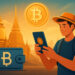 タイの暗号サンドボックスを象徴する未来的なビジュアル。ビーチリゾートとデジタル通貨をイメージしたイラスト