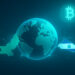 パキスタンとエルサルバドルの仮想通貨協力を象徴するデジタルな抽象イラスト