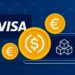 Visaがステーブルコイン対応を拡大し、複数のブロックチェーンと仮想通貨に対応する様子を表現したビジュアル