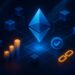 分散型金融（DeFi）とブロックチェーンのつながりを象徴する未来的なビジュアル