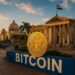 エルサルバドルの都市風景とビットコインを象徴する抽象的なイラスト