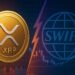 リップル（XRP）とSWIFTの対立を象徴するイラスト。XRPコインとSWIFTロゴが雷で分断されている。