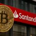 サンタンデール傘下のオープンバンクがドイツで開始した仮想通貨取引サービスを象徴するビットコインと銀行外観
