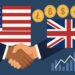 米国と英国の国旗と握手、仮想通貨シンボルが描かれたイラスト