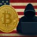 米国政府によるビットコインウォレット押収を象徴するサイバーセキュリティイメージ。金色のビットコインと米国旗が重なり、ハッキング疑惑を示唆する。