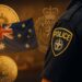 オーストラリアで警察官になりすました詐欺師による仮想通貨詐欺を示すイメージ。政府ポータルの悪用と被害拡大を象徴する視覚表現。