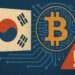 韓国国旗とビットコイン、警告アイコンを組み合わせた無過失賠償制度に関する抽象的イラスト