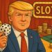 トランプ氏をモチーフにしたキャラクターがサイコロを持ち、ゲームボードとチップが並ぶ背景のイラスト