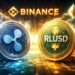 Binanceに上場したリップルのステーブルコインRLUSDとXRPを象徴的に描いたデジタルイラスト。