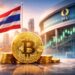 タイ証券取引委員会の建物とタイ国旗を背景にしたビットコインのシンプルなイメージ