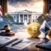 ホワイトハウスを背景に、ビットコインやイーサリアムの象徴とガベルを配置し、ステーブルコイン規制議論を表現した抽象イメージ。