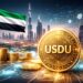 UAEの都市景観と国旗を背景に、中央銀行承認ステーブルコインUSDUを象徴する金色コインを描いたイラスト