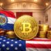 ミズーリ州議会と州旗を背景に、ビットコイン戦略準備法案を象徴するBTCコインのイラスト