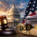 米議会と仮想通貨規制を象徴する木槌と仮想通貨コインのイメージ
