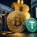 ビットコインとTetherのコイン、金融ビルを背景にTwenty One Capitalへの株式取得を表現したイメージ