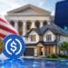 ビットコインとUSDCを担保として住宅ローンの頭金に活用するサービスをイメージした住宅と仮想通貨のビジュアル