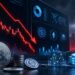 仮想通貨市場の下落チャートとビットコイン、ステーブルコイン、金融インフラを表現したイメージ
