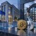 ドイツ銀行の暗号資産カストディをイメージした銀行金庫とビットコイン、イーサリアム
