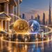 ドバイの都市景観を背景に、銀行とビットコイン、イーサリアムを配置した仮想通貨取引サービスのイメージ