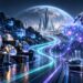 仮想通貨とブロックチェーンを象徴するコインやネットワークから、AI、ロボット工学、バイオテクノロジーへと広がる未来都市のイメージ